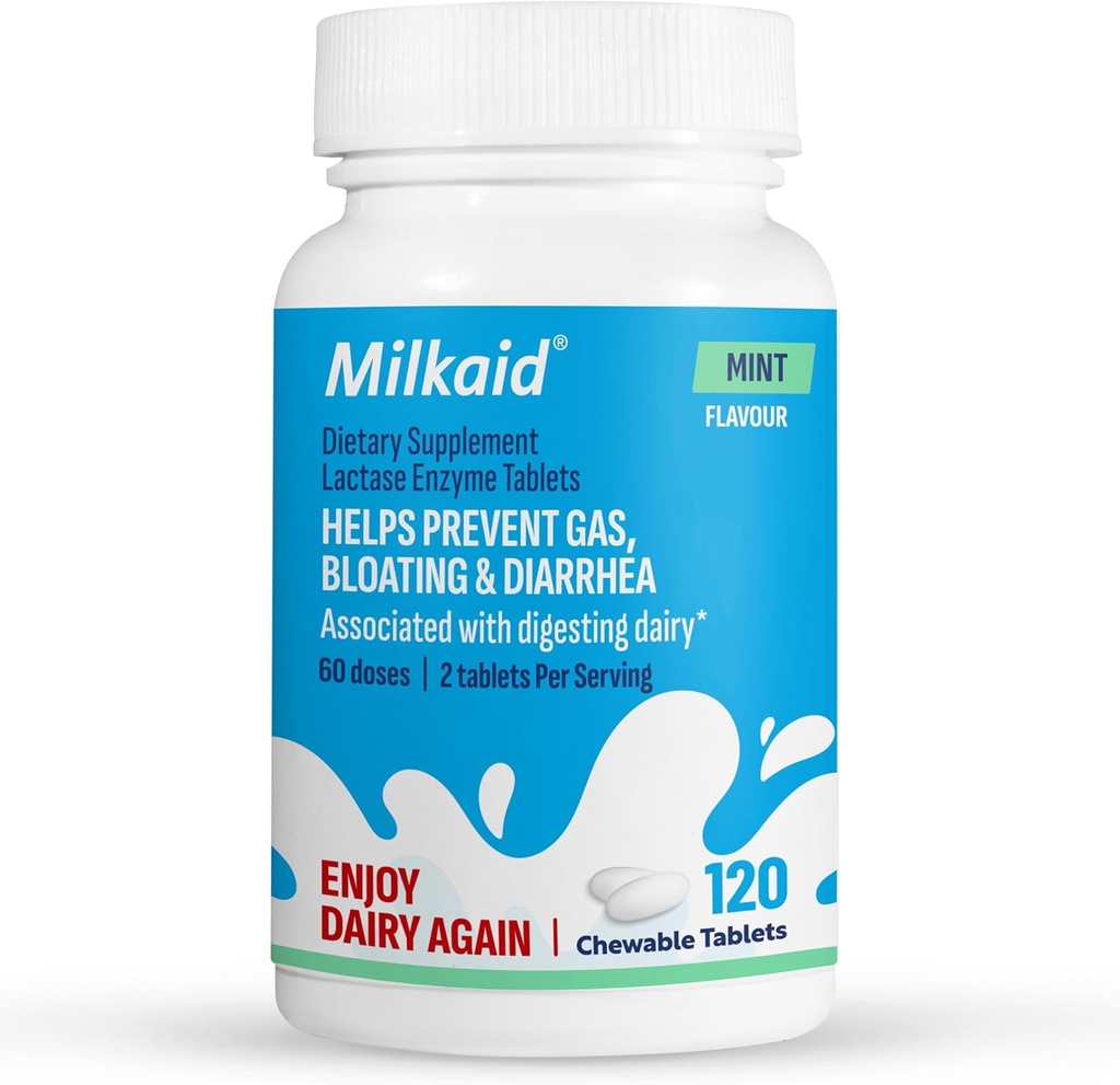 Milkaid Lactase Enzyme Chewable Tablets for Lactose Intolerance Relief | Prevents Gas, Bloating & Diarrhea | Fast Acting Dairy Digestive Supplement (120 Tablets, Mint)