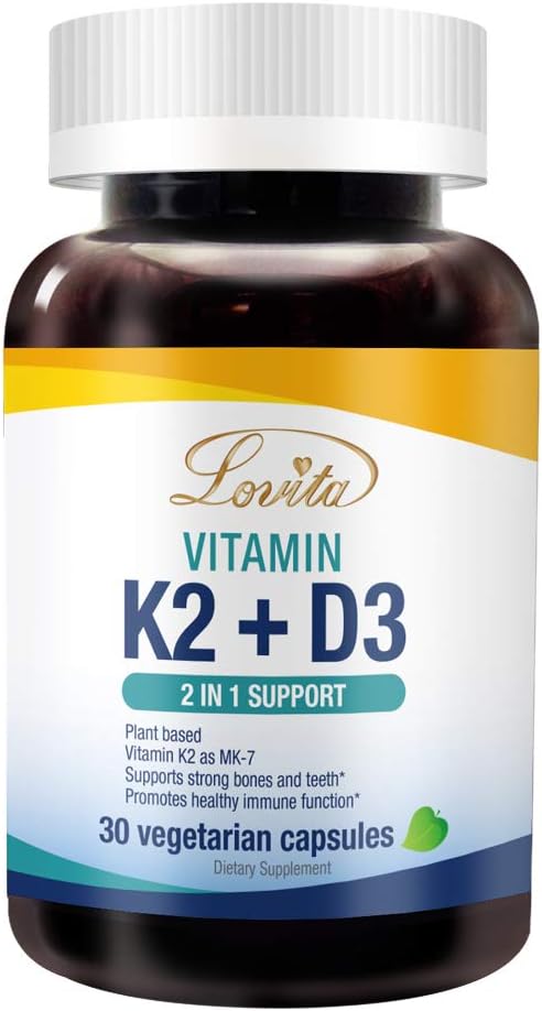 Lovita Vitamin K2 + D3, 400 IU Vegan Vitamin D3 & 120 mcg K2 (MK-7), 1 Formula, Immune Vitamini, 30 Vegetarian Capsules