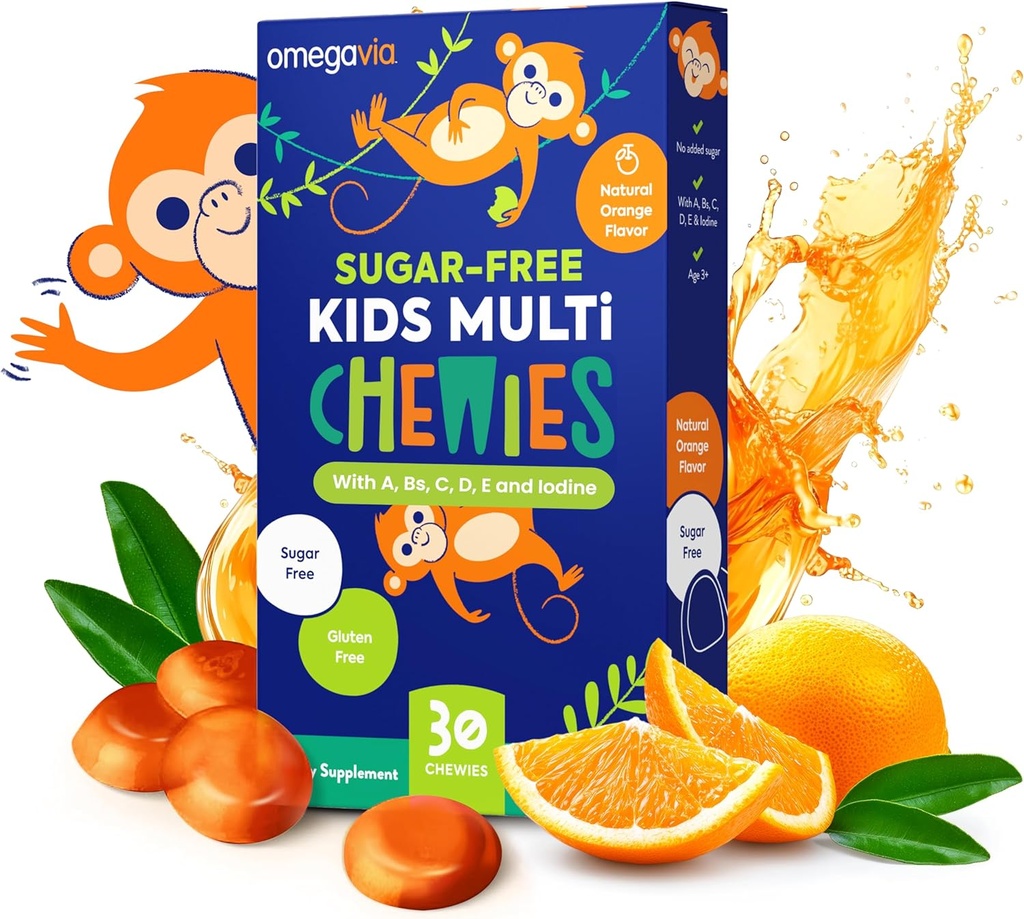 OmegaVia Sugar Free Kids Multivitamin Chewies - Daily Chewable Gummy Vitamins for Kids 3+, A, C, D3, E, B6 & B12, Folate & More, Natural Orange Flavor, 30 Count