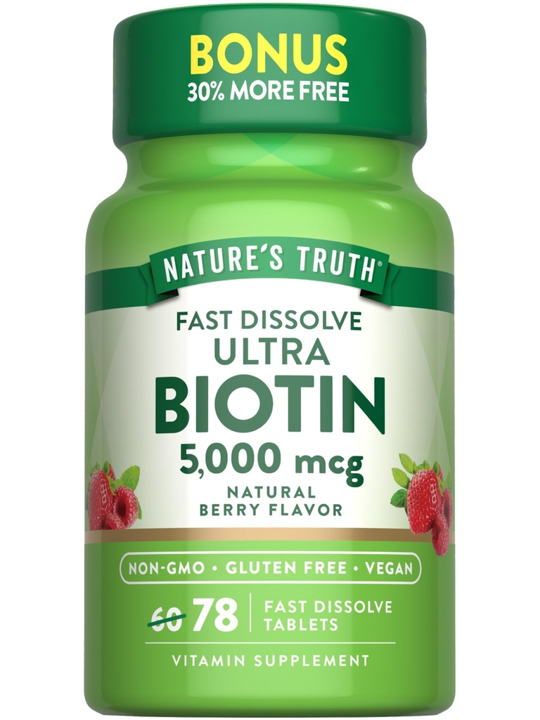 Nature's Truth Biotin 5000mcg | 78 Hızlı Dissolve Tabletler | Natural Berry Flavor | Vegan, Non-GMO, Gluten Free