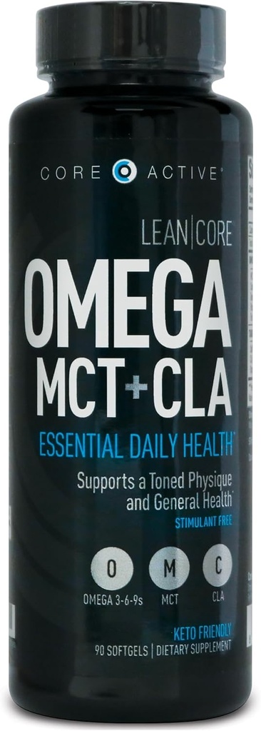 Lean CORE Omega MCT + CLA - Stimulant Free Health Formula, Lean Muscle & Toned Physique, Omega 3-6-9 Fatty Acids - Flaxseed Fish Oil- Coconut Oil- Keto Friendly 30 Day Supply (90 Softgels)