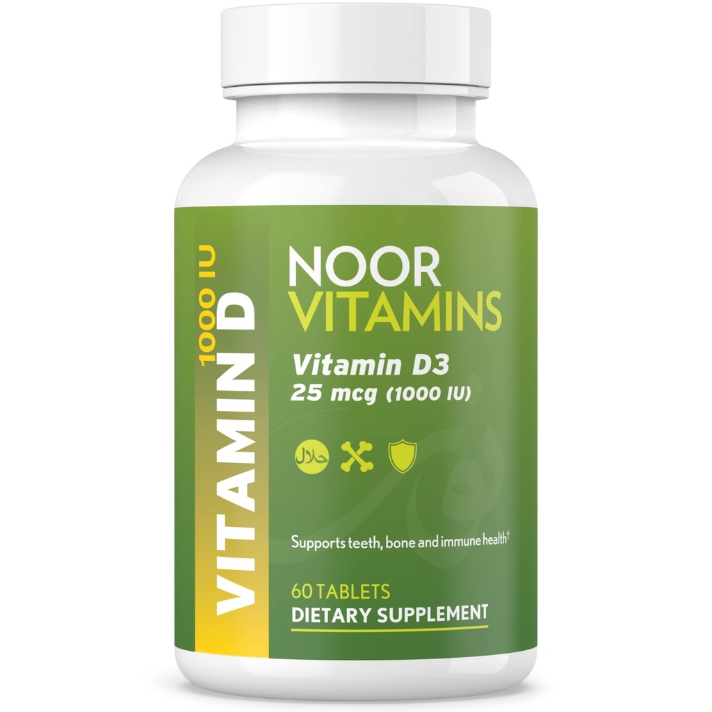 Noor Vitamins Halal Vitamin D, Halal Vitamin D3, 1000 IU Tabletleri, Destekler Bone, Immune & Heart Health, Non-GMO, Gluten Free & Halal (60 Count)