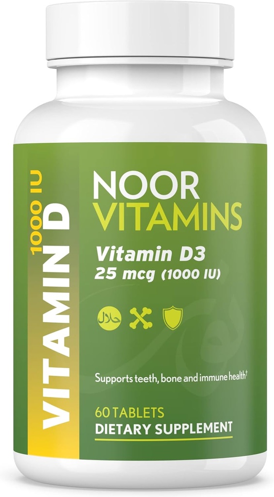 Noor Vitamins Halal Vitamin D, Halal Vitamin D3, 1000 IU Tabletleri, Destekler Bone, Immune & Heart Health, Non-GMO, Gluten Free & Halal (60 Count)