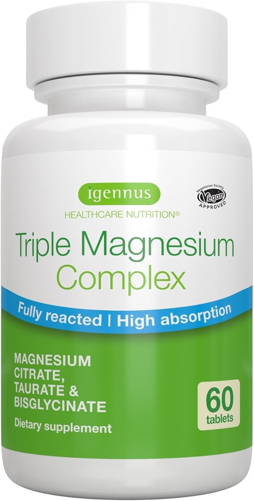 Igennus Superior Triple Magnesium Complex, Πλήρως Αντιδραστήριο & Χηλικό Γλυκινικό, Ταυρικό & Κιτρικό, Καθαρό Ετικέτα, Υψηλή βιοδιαθεσιμότητα & Απορρόφηση, 60 Δισκία, Vegan, Μη Μπουφερμένο