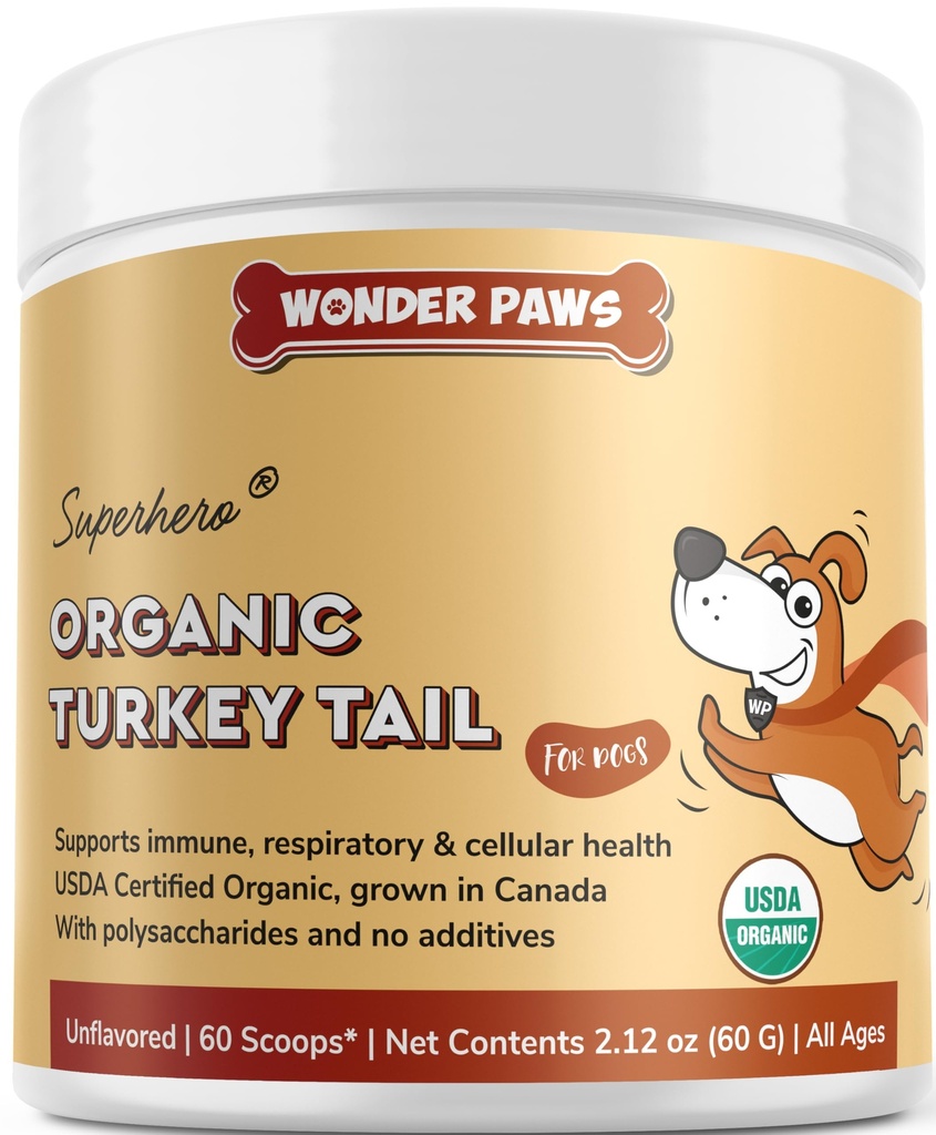 Wonder Paws Organic Turkey Tail Mushroom for Dogs - Immunity, Respiratory, Digestion & Cellular Health – Beta Glucans & Polysaccharides- 2.12 ozzz