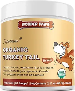 Wonder Paws Organic Turkey Tail Mushroom for Dogs – Ισχυρή ουρά Τουρκίας για τα σκυλιά Mushroom Powder για την Ανοσία, το αναπνευστικό, την Διέγερση & την Κυτταρική Υγεία– με Beta Glucans & Πολυσακχαρίτες- 2,12 oz