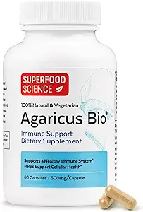 Agaricus Bio 600 mg, Doğal Katil Hücre Aktivitesi -USA-Grown Organik Agaricus Blazei Murill Mushroom for Immune Support, Liver & Cellular Health, High Beta Glucan Supplements, 60 Caps