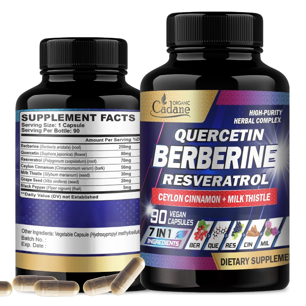 Organik Cadane 7in1 Saf Berberine Supplement with Quercetin, Ceylon Cinnamon, Resveratrol, Süt Butle, Grape Tohum ve Siyah Pepper - 3Month Supply için 90 Capsules - Immunity Health Support