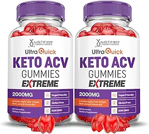 Justified Laboratories (2 Pack Ultra Quick Keto ACV Gummies Extreme 2000MG Ultraquick Keto Gummies Apple Cider Vinegar Formed with Pomegranate Beet Juice Powder B12 Vegan Non GMO 120 Gummys