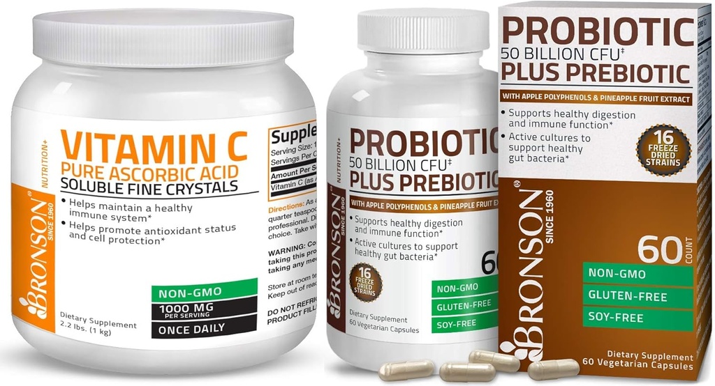 Bronson Probiotic 50 Billion CFU + Prebiotic with Apple Polyphenols & Pineapple Fruit Extract Vitamin C Powder Pure Ascorbic Acid Soluble Fine Non GMO Crystals