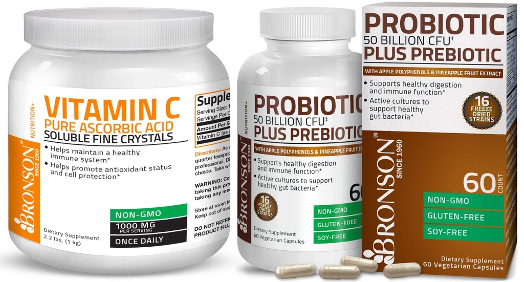 Bronson Probiyotik 50 Milyar CFU + Prebiyotik with Apple Polyols & Pineapple Fruit Extract C Toz Pure Ascorbik Asit ► Fine Non GMO Crystals