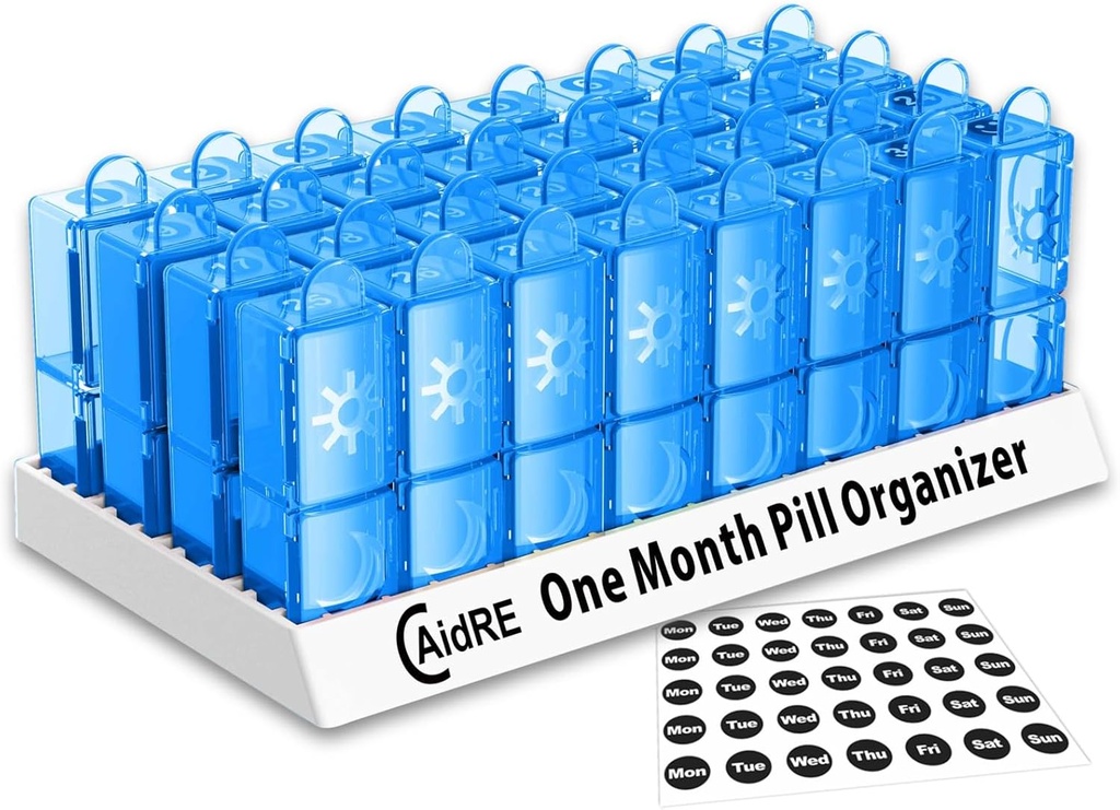 31 Günlük Pill Organizer AM/PM – Monthly Pill Box for Drugs, Vitamins & Supplements – One Moon 2 Times a Day Pill Case, 4 Week Daily Pill Organizer, Blue Blue