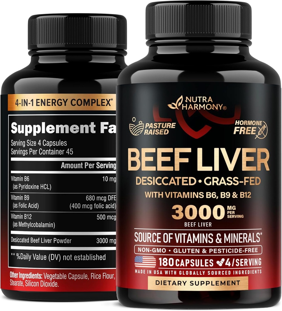 Beef Liver Capsules 3000 mg - Organik Desiccated Beef Liver - Grass-Fed, Pesticide Free & Pasture Yükseltd - For Energy, Brain, Focus & Mood, Skin & Hair Support - B-Complex ile - 180 Capsules