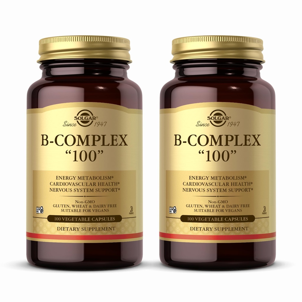 Solgar B-Complex 100" - 100 κάψουλες λαχανικών, Συσκευασία των 2 - Ενεργειακός Μεταβολισμός, Υποστήριξη νευρικού συστήματος - Μη ΓΤΟ, Vegan, Χωρίς γλουτένη - 200 Σύνολο εξυπηρετήσεων