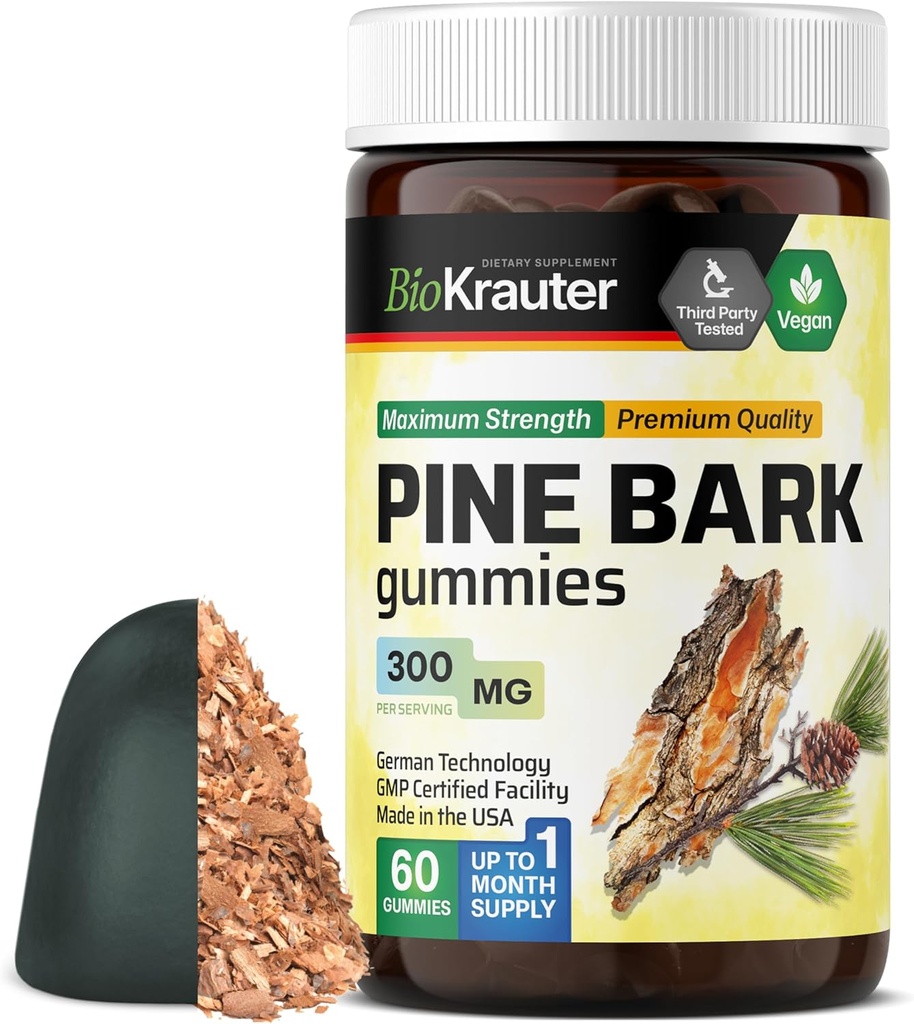 BIO KRAUTER Pine Bark Extract Gummies - 300 mg Δύναμη - 60 Vegan Chews - Γαλλικό Maritime Pine Bark Extract - Αντιοξειδωτικό συμπλήρωμα - 95% Proanthocyanidins - Pectin-based Formula