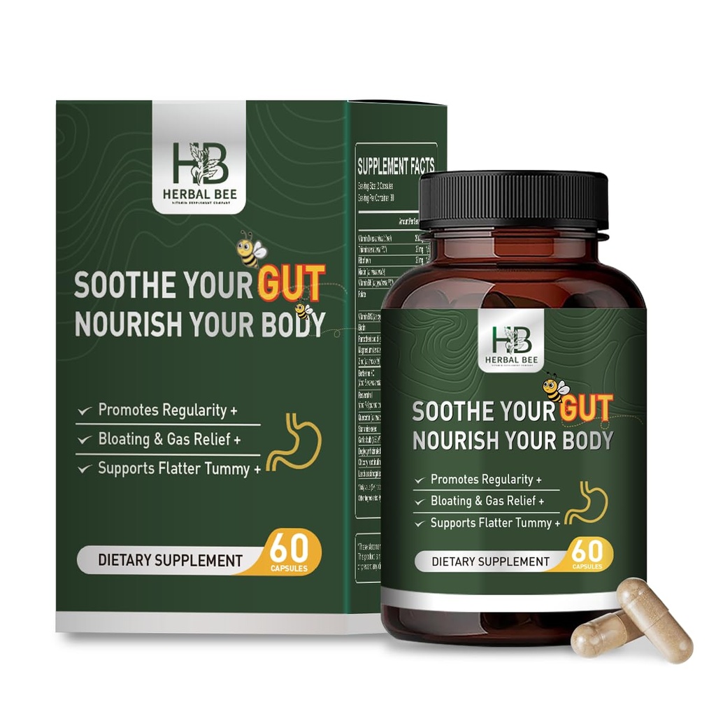 Rigma Herbal BEE Gut Health - Gas and Bloating Relief, Constipation, Leaky Gut Repair - Gut Cleanse & Restore Digestion - Promote Regularity, Colon Cleanser, 60 Capsules