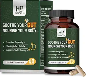 Herbal BEE Gut Health - Gas and Bloating Relief, Constipation, Leaky Gut Tamir - Gut Cleanse & Restore Digestion - Düzenliliği, Kolon Temizliği, 60 Capsules