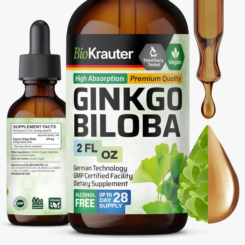 BIO KRAUTER Ginkgo Biloba Extract - Sıvı Ginkgo Biloba Supplements for Brain - Vegan, Alkol & Sugar Free - 2 Fl Oz Oz Oz