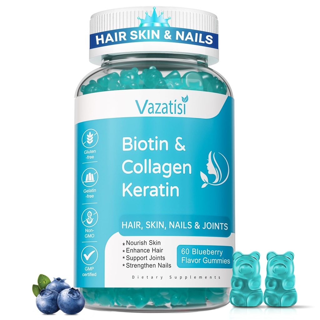 Collagen & Keratin for Hair Skin Nails- Supports Saç Büyüme ve Güçlü Nails, Kadınlar Erkekler, Çocuklar - 60 Blueberry Flavored Gummies
