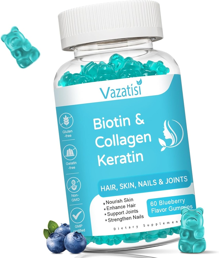 Collagen & Keratin for Hair Skin Nails- Supports Saç Büyüme ve Güçlü Nails, Kadınlar Erkekler, Çocuklar - 60 Blueberry Flavored Gummies