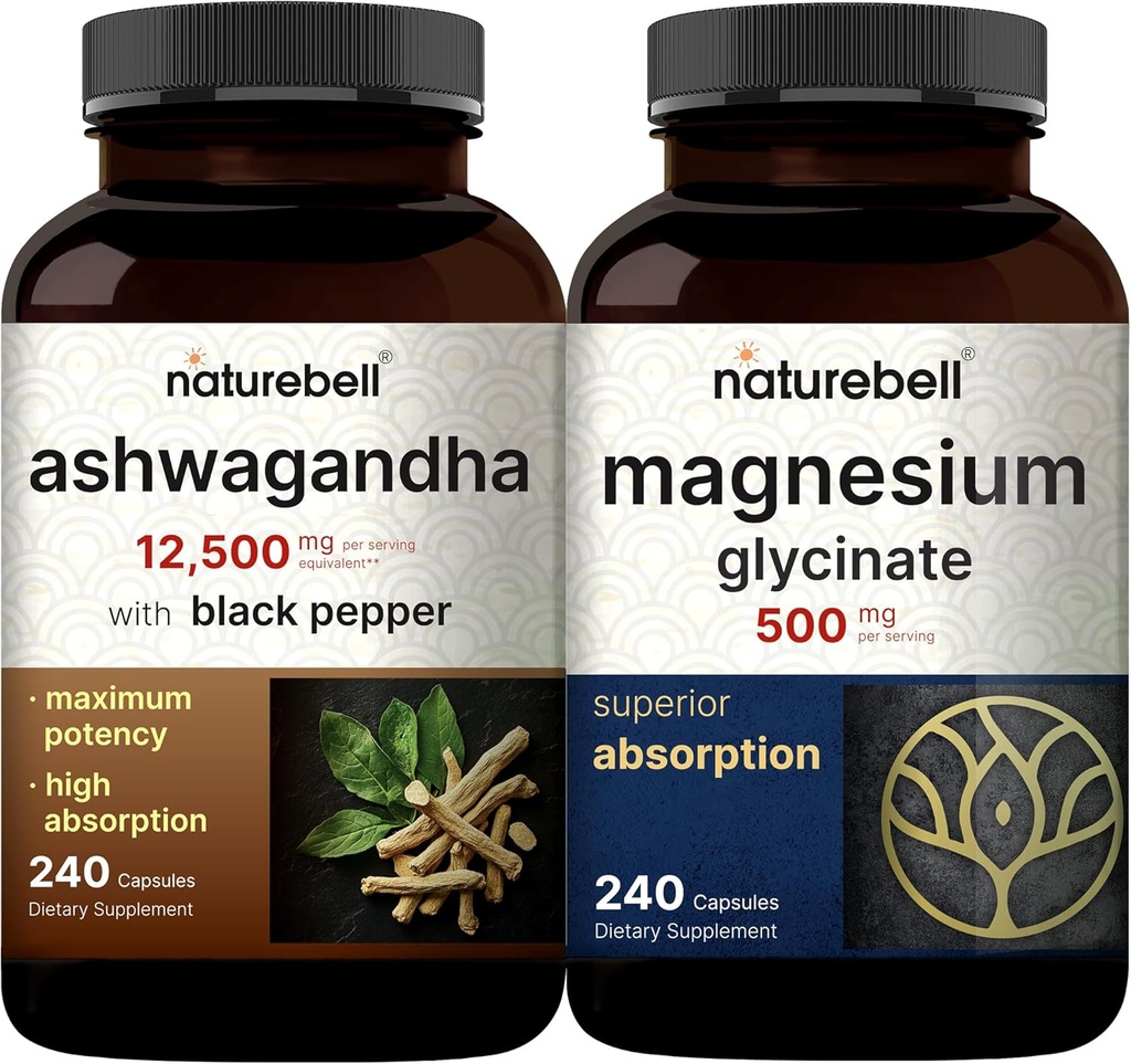 NatureBell Magnezyum Glycinate Capsules 500 mg & Ashwagandha 12,500 mg Black Pepper Pack ile Eşdeğer ve Purified Mineral | Adaptogens Supplements for Relaxation