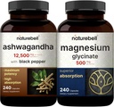 NatureBell Magnezyum Glycinate Capsules 500 mg & Ashwagandha 12,500 mg Black Pepper Pack ile Eşdeğer ve Purified Mineral | Adaptogens Supplements for Relaxation