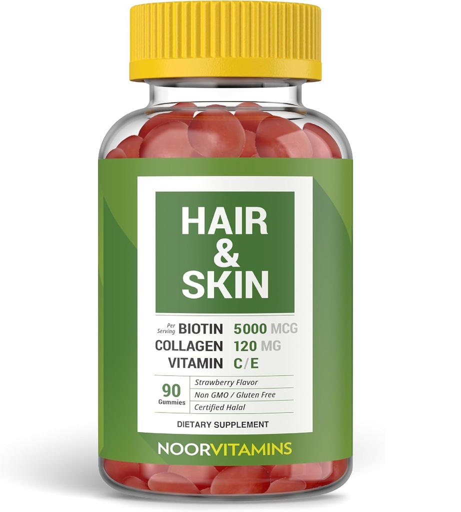 Noor Vitamins Halal Saçlar Biotin, Collagen, Silica, C & E Supports Saç, Skin & Nail Sağlık; Doğal Strawberry Gummy Vitaminleri. GMO, Gluten Free & a Certified Halal Vitamin (90 Kont)
