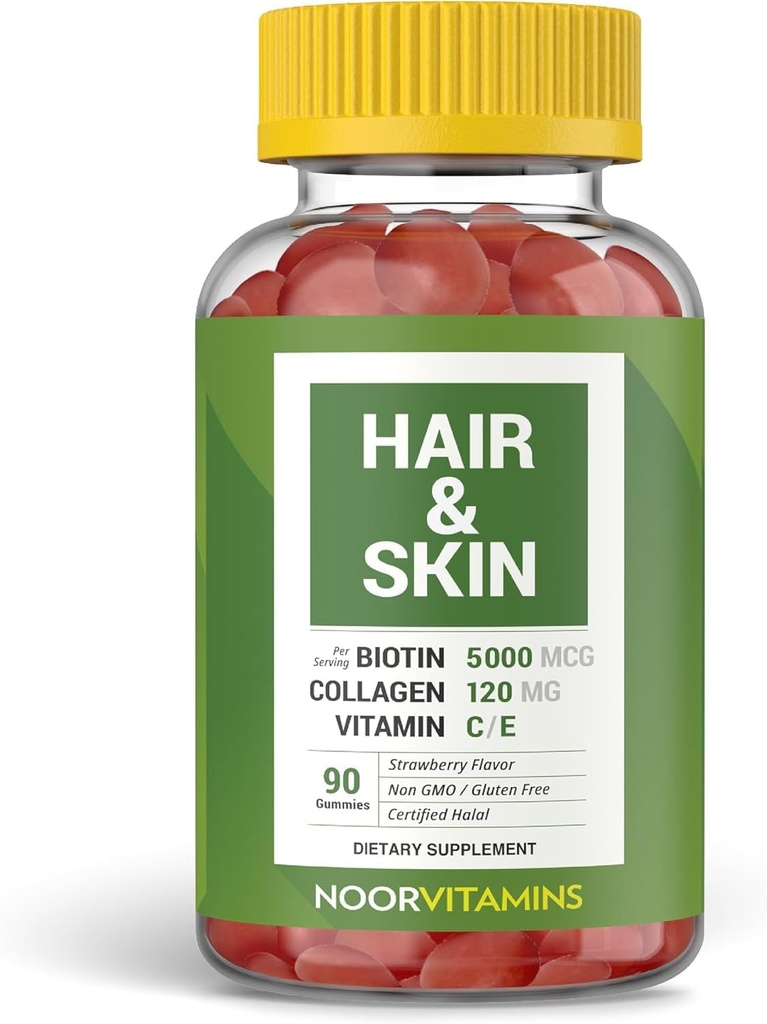Noor Vitamins Halal Saçlar Biotin, Collagen, Silica, C & E Supports Saç, Skin & Nail Sağlık; Doğal Strawberry Gummy Vitaminleri. GMO, Gluten Free & a Certified Halal Vitamin (90 Kont)