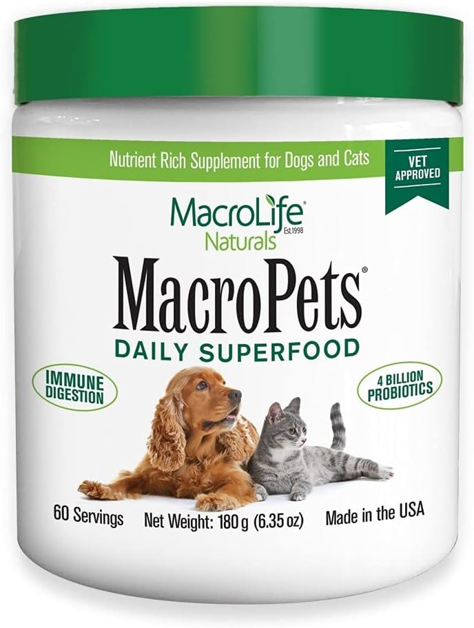 MacroLife Naturals MacroPets Superfood Supplement Powder Topper for Dog Cat Small Mammal, Natural Nutrition Boost Probiotics Digestive Enzymes Vitamin E - Immune Gut Health & Energy - 6.35oz