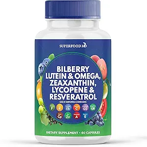 Superfood MD Eye Health Vitamins with Bilberry Lutein & Zeaxanthin Lycopene Resveratrol Grape Seed Astaxanthin- AREDS 2 - Eye Vitamin - 60 Capsules