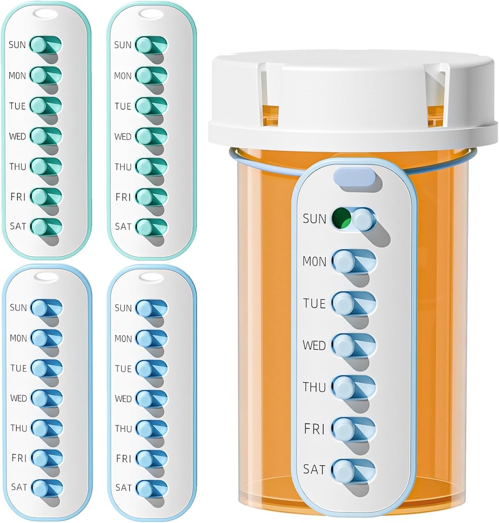 Odaro 4 Pack Pill Hatırlatıcı, Lanyad veya Style Pill Tracker, En Şişeler ile Çalışın, Vitamin Haftalık Yeniden Üretilen İlaç Araçlarının Tekrarlanması (7 Gün) Tıp Organizecı