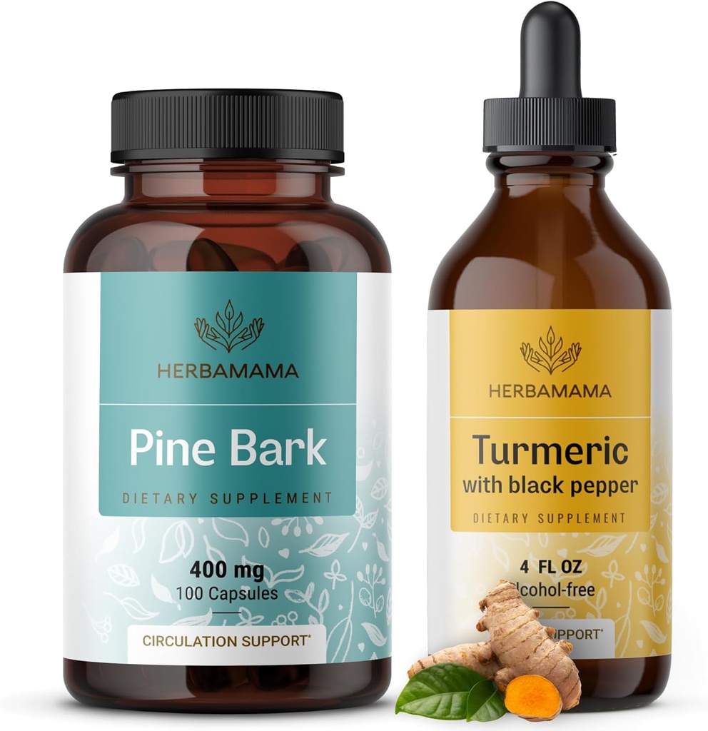 HERBAMAMA Turmeric Extract and Pine Bark Kit - 400 mg Fransız Deniz Capsules & Turmeric Extract Tincture 2 fl oz - Vegan, Non-GMO, Sugar & Alkol-Free - 2 Pack
