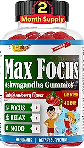 Bu nedenle Max Focus Ashwagandha Calm & Focus Gummies for Kids & Friends, Support Calm Mood, Relaxation, Anti Stress, Memory, Energy, Relaxation, Low Sugar Vegan, Fruity Flavored- 60 Gummies