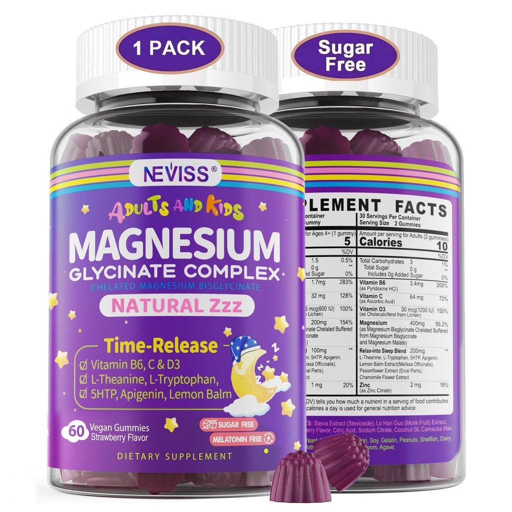 Magnezyum Glycinate Gummies for Yetişkinler & Çocuklar 4+, Sugar Free Magnezyum Bisglycinate Supplement 400/200 mg with B6D3, 5HTP, L-Theanine for Sleep & Relaxation, Brain, Muscle, Melatonin Free Gummies,1Pack Bisglycinate Supplement 400/200 mg with B6D3, 5HTP, L-Theanine for Sleep & Relaxation, Brain, Muscle, Melatonin Free Gummies,