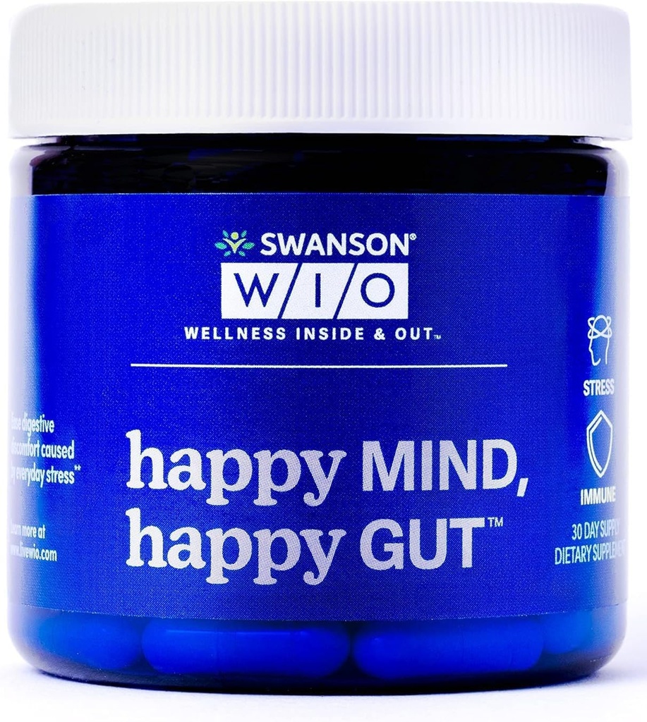 Swanson WIO Mutlu Zihin, Mutlu Gut Stres Desteği, Digestive Support, Probiyotikler Gut Microflora, Better, Cognitive Health, Wellness, 30 Veggie Capsules (30-Day Supply)