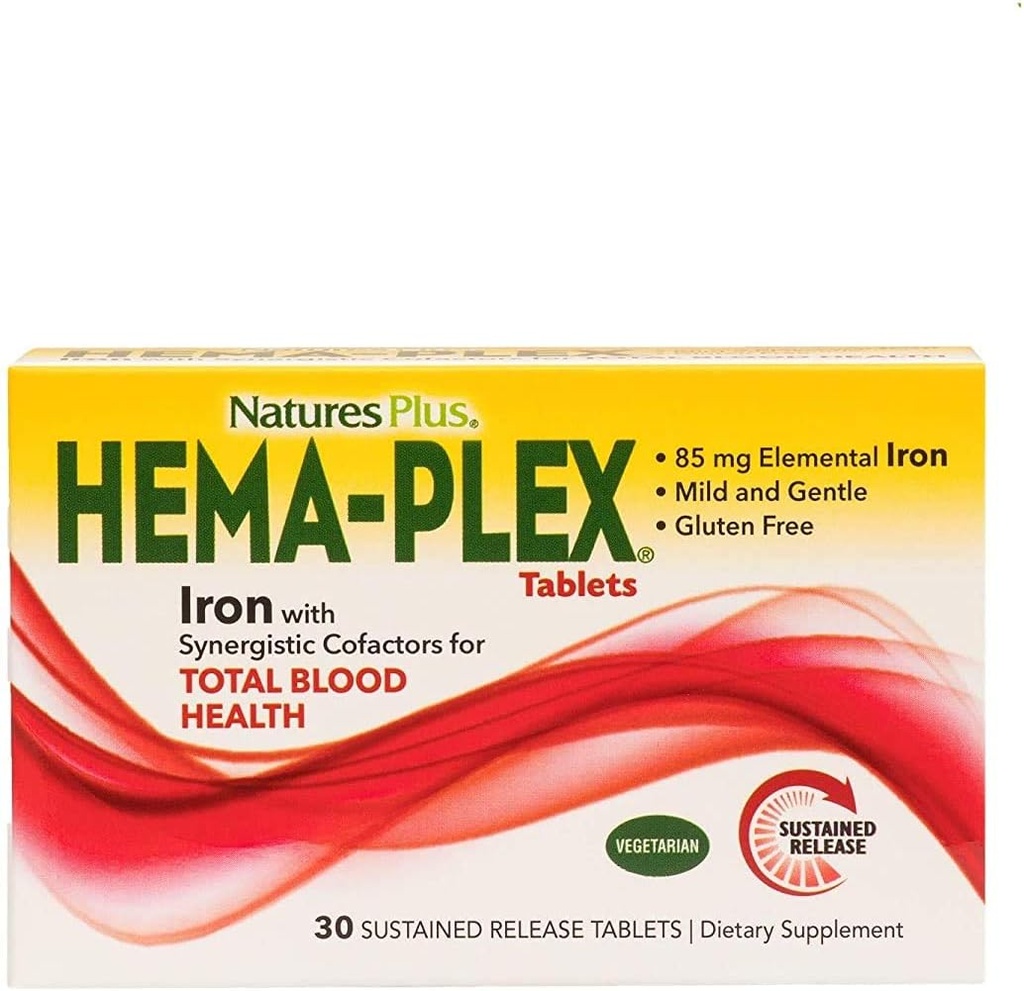 NaturesPlus Hema-Plex Iron - 30 Slow- Release Tablets, Συσκευασία των 3 - Ολική Υγεία του Αίματος - 85 mg Χηλικός Σιδήρος - Με Βιταμίνη C & Bioflavonoids - Μη ΓΤΟ, Χορτοφαγικά & Χωρίς Γλουτένη - 90 Σύνολο Σερβιρίσματος