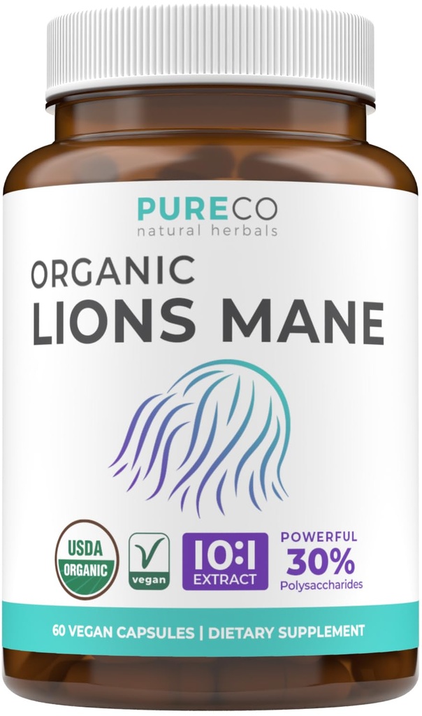 Organik Lions Mane Supplement Capsules - USDA Organik Mushroom Supplement Capsules with 1000 mg Lion's Mane 10:1 Extract per Service with 30 Polysaccharides - Vegan & Non-GMO (1 Ay Supply)