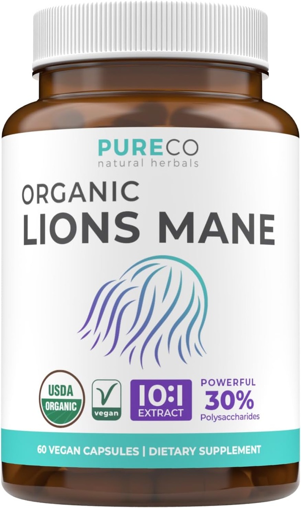 Organik Lions Mane Supplement Capsules - USDA Organik Mushroom Supplement Capsules with 1000 mg Lion's Mane 10:1 Extract per Service with 30 Polysaccharides - Vegan & Non-GMO (1 Ay Supply)