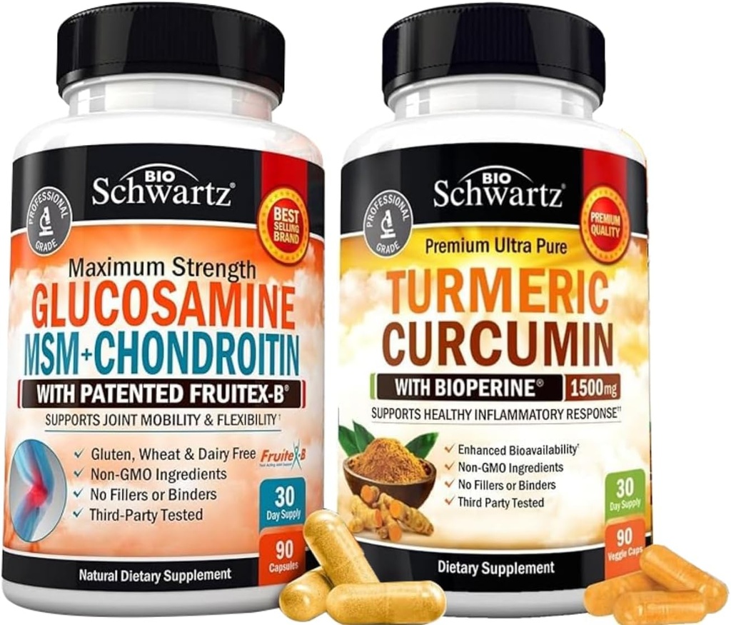 BioSchwartz Turmeric Curcumin with Black Pepper Extract 1500 mg Complex (1 Ay Supply) Plus Glucosamine Chondroitin MSM Triple Strength Ortak Destek Supplement (1 Ay Supply)