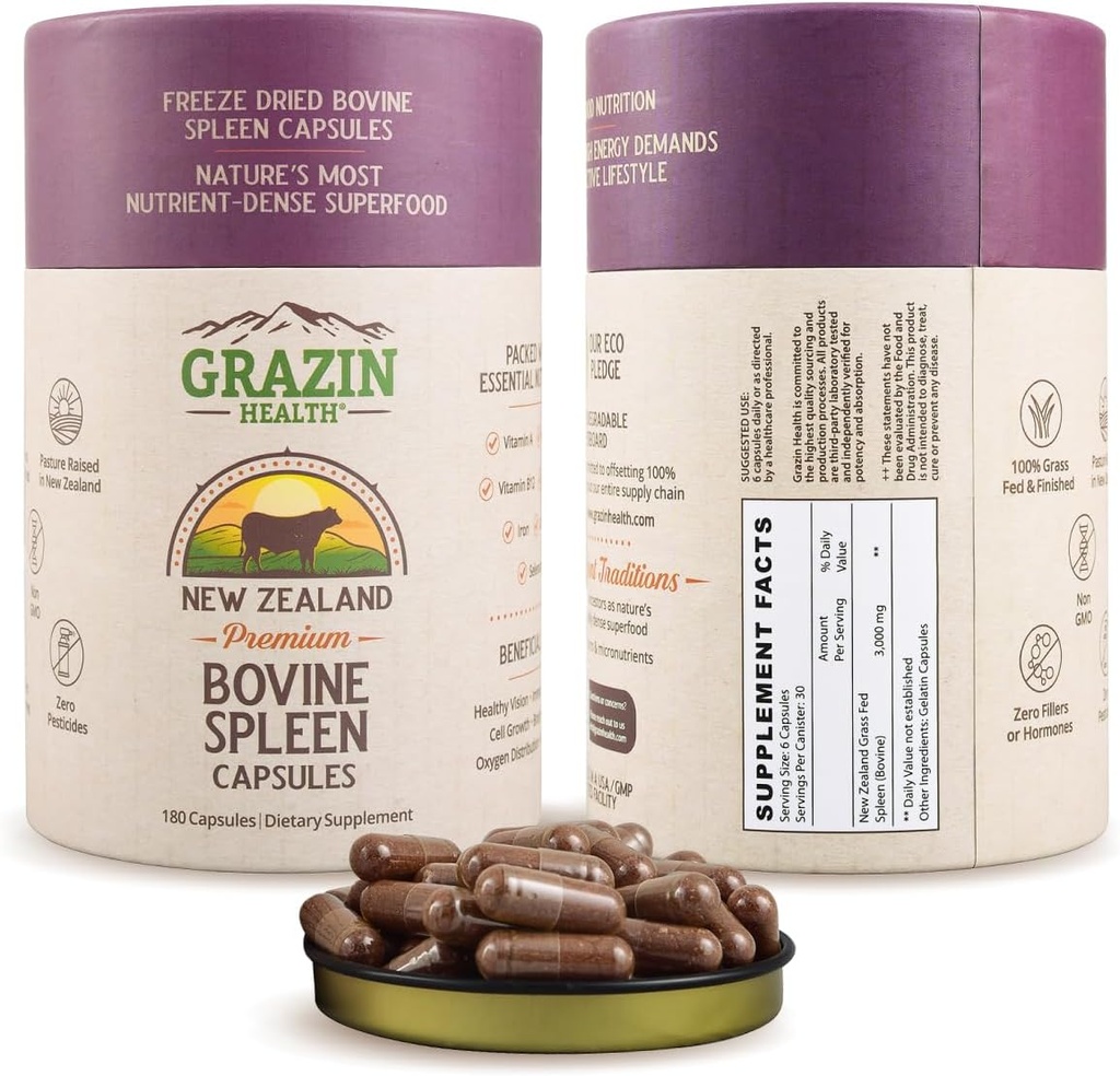 Grass Fed Bovine Spleen Capsules 3000 mg Per Doğal Occurringring ve Micronutrients ile Günlük Beslenme ve Sağlık Desteği 30 Hizmet Ediyor