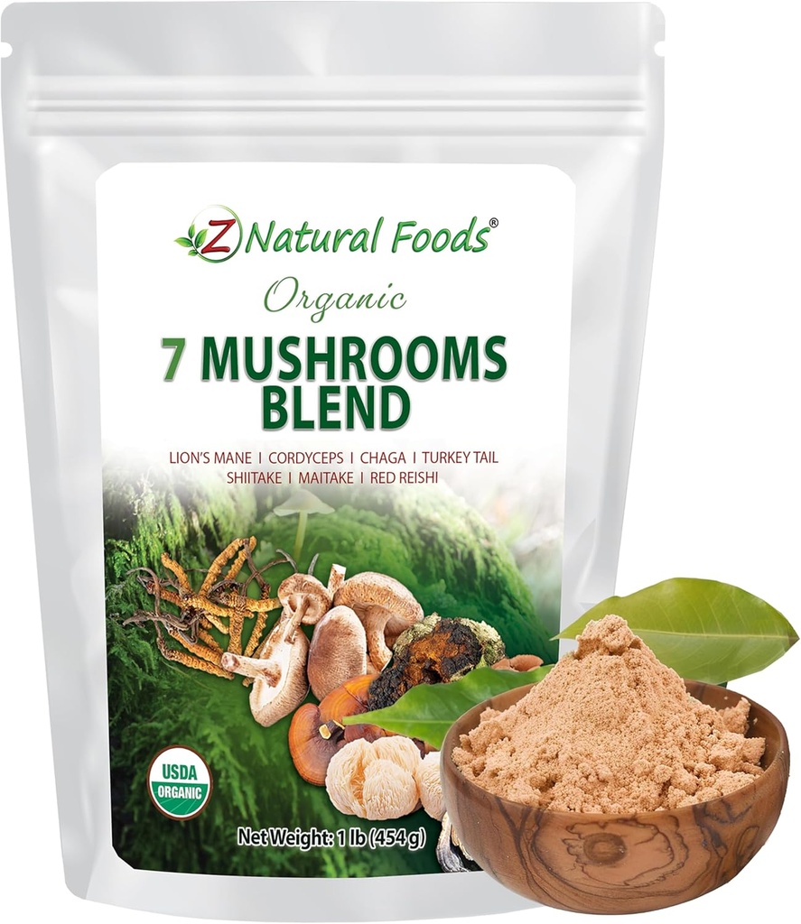 Z Doğal Gıdalar Organik 7 Kutsal Mushrooms Mix - Immune Health için Mushroom Toz - Aslan'ın Mane, Cordyceps, Chaga, Red Reishi, Shiitake, Maitake & Turkey Tail Extract for Coffee, Smoothies, 1 lb
