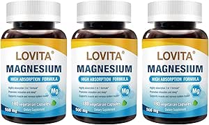 Lovita Triple Magnesium Complex 500mg, High Absorption and Potency Formula, Glycinate, Citrate & Oxide, Support Sleep, Relaxation, Heart, Nerves & Bone Health, 180 Vegan Capsules