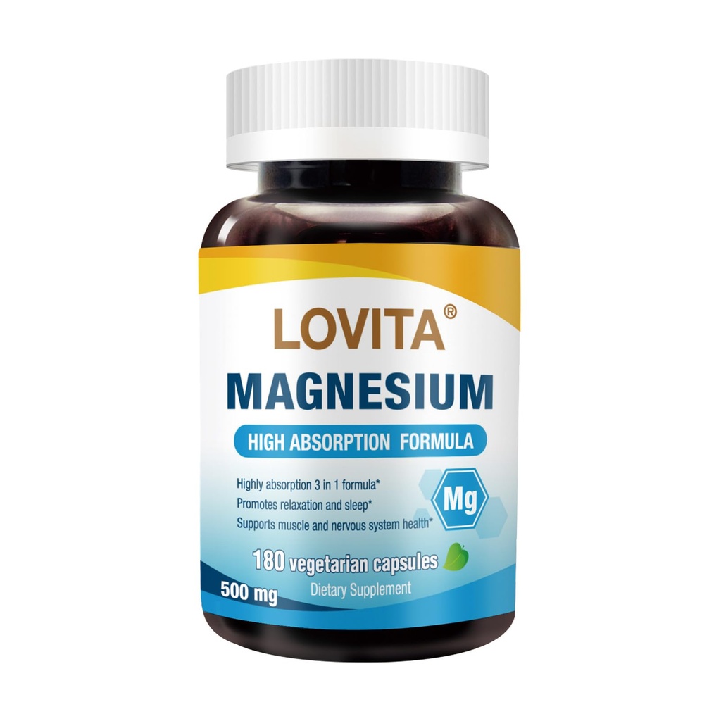 Lovita Triple Magnezyum Kompleksi 500 mg, Yüksek Aborpsiyon ve Potency Formula, Glycinate, Citrate & Hoffman, Support Sleep, Relaxation, Heart, Nerves & Bone Health, 180 Vegan Capsules