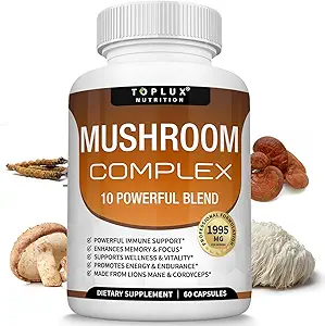 Toplux Mushroom Supplement Lions Mane - Cordyceps Reishi Chaga 10 Βιολογικό Mushroom Blend για την υποστήριξη ανοσοποιητικού συστήματος, μνήμης, εστίασης & σαφήνειας και αύξησης της ενέργειας, για τις γυναίκες ανδρών, 60 κάψουλες