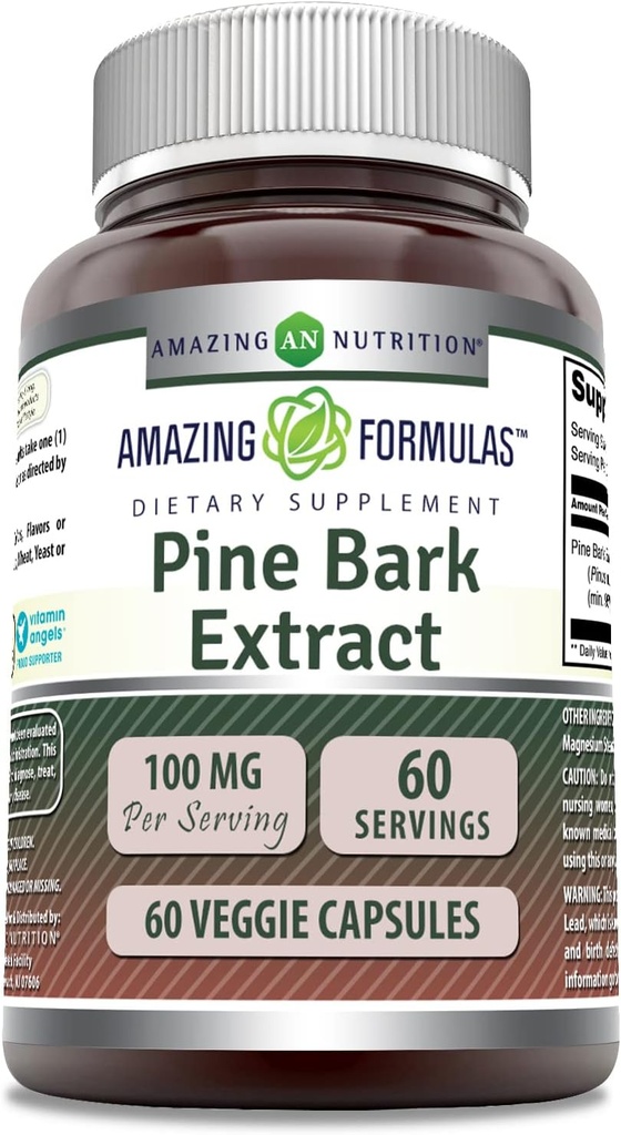 Amazing Formulas Pine Bark 100 Mg | Vegetarian Capsules Supplement | Non-GMO | Gluten-Free | Non-GMO | Gluten-Free | 1 Pack | 60 Count |