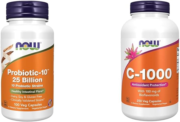 NOW Συμπληρώματα, Probiotic-10TM, 25 Δισεκατομμύρια, με 10 Probiotic Strains, Γαλακτοκομικά, Σόγια και Γλουτένη & Συμπληρώματα, Βιταμίνη C-1,000 με 100 mg Bioflavonoids, Αντιοξειδωτική Προστασία*, 250 Κάψουλες