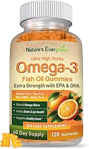 Extra Strength Omega 3 Fish Oil Gummies with DHA & EPA | Ultra High Purity Omega 3 Gummy Supplement for Healthy Heart, Joint & Brain Support | Nature's Vitamins, Orange Flavor | 120 Gummies