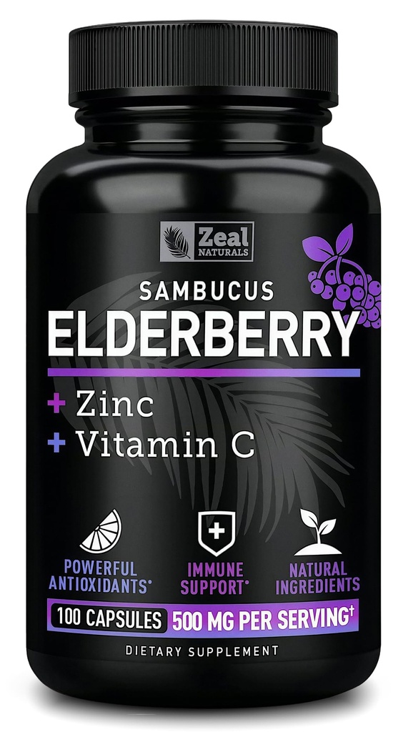 Zeal Naturals Max Strength Elderberry Capsules + çinko + Vitamin C | 500 mg for Immune System Support with Black Sambucus Elderberry | 100 Count | 3in-1 Immune Support for Yetişkinler