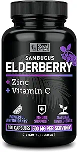 Zeal Naturals Max Strength Elderberry Capsules + çinko + Vitamin C | 500 mg for Immune System Support with Black Sambucus Elderberry | 100 Count | 3in-1 Immune Support for Yetişkinler