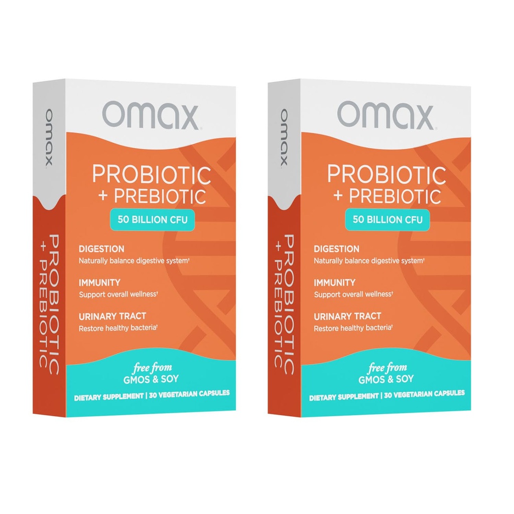 Omax3 Prebiotic & Probiotic 50 Billion CFU + Chicory Inulin, 10 Strain, Reduce Bloating, Digestion, SIBO, Leaky Gut, Κολπικό pH, Acidophilus, Vegan, Γαλακτοκομικά, Χωρίς γλουτένη, Blister Συσκευασία (2 Συσκευασία)